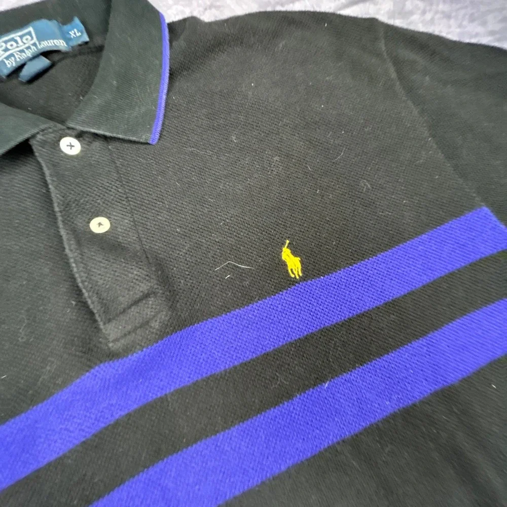Vintage Polo Ralph Lauren XL Black Purple‎ Striped Pique Polo Shirt 90s Y2K